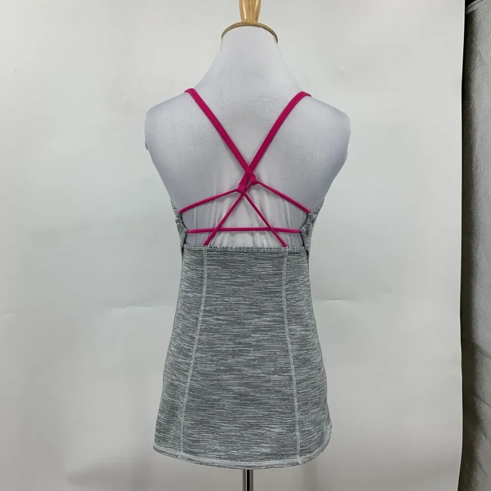 Lululemon Dancing Warrior Tank Top Womens 6 Gray Pink Strappy Shelf Bra Athletic